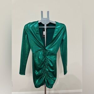 Zara Metallic Green Ruched Dress Women Size M